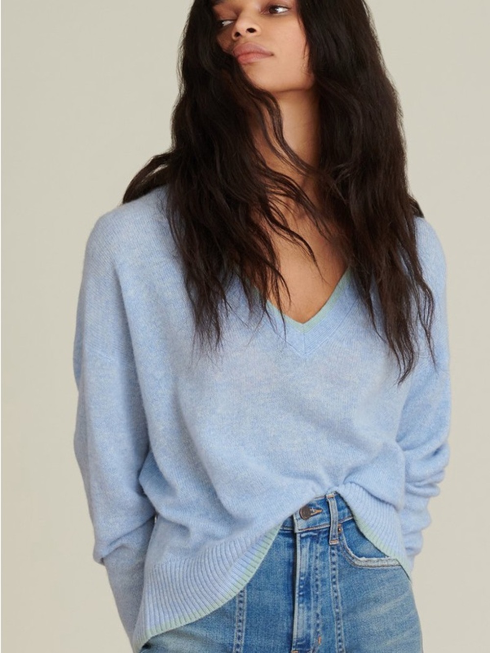 Veronica Beard Estora Pale Blue V-Neck Cashmere Sweater with Green Trim